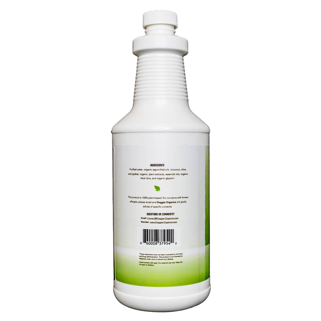 Doggie-Organics Shampoo. Ingredients. 100% plant based.