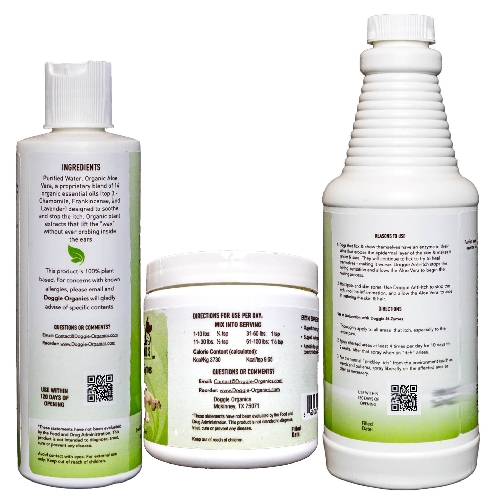Doggie Organics Trio Set. Anti Itch, Enzymes, Ear Wash. Back - Directions and Ingredients.