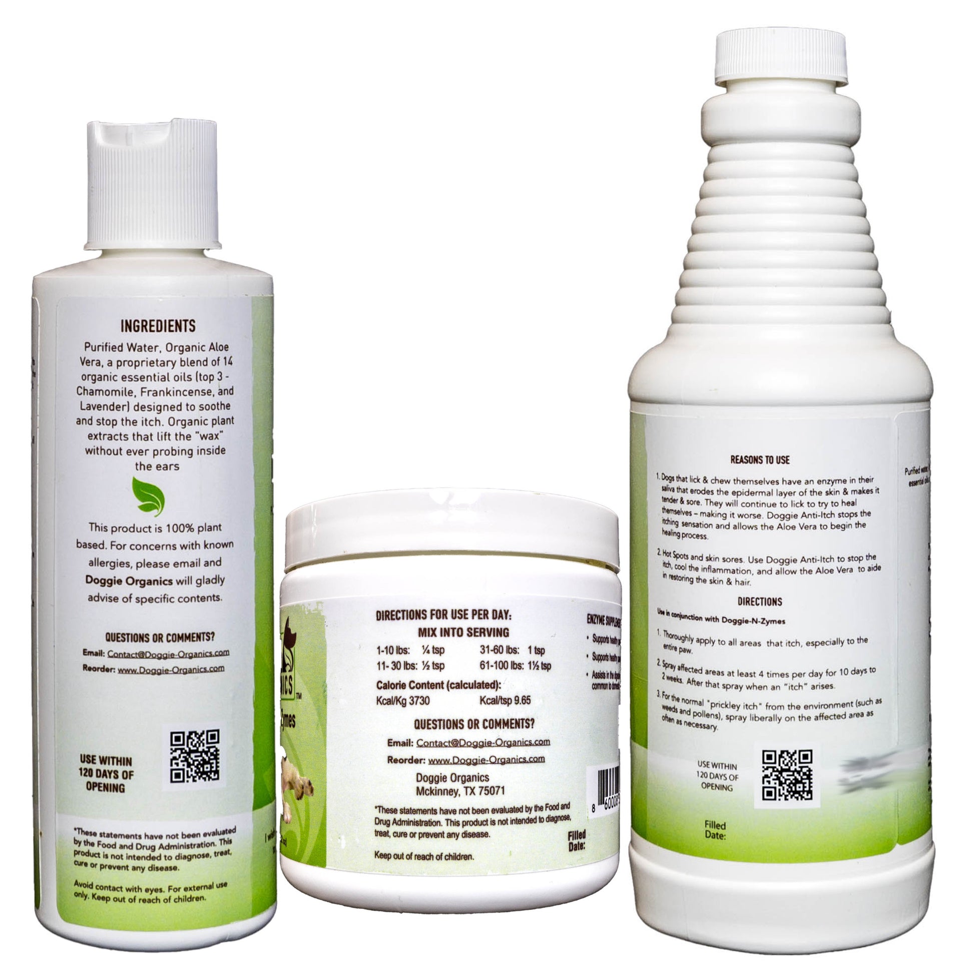 Doggie Organics Trio Set. Anti Itch, Enzymes, Ear Wash. Back - Directions and Ingredients. 