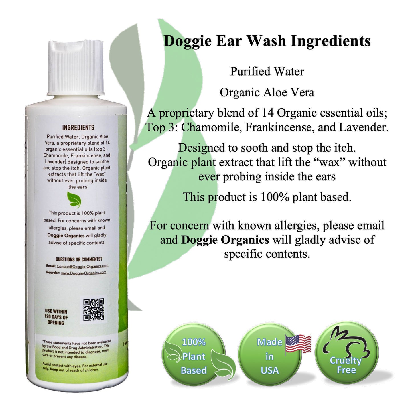 Doggie Organics Ear Wash Ingredients. 100% plant based.